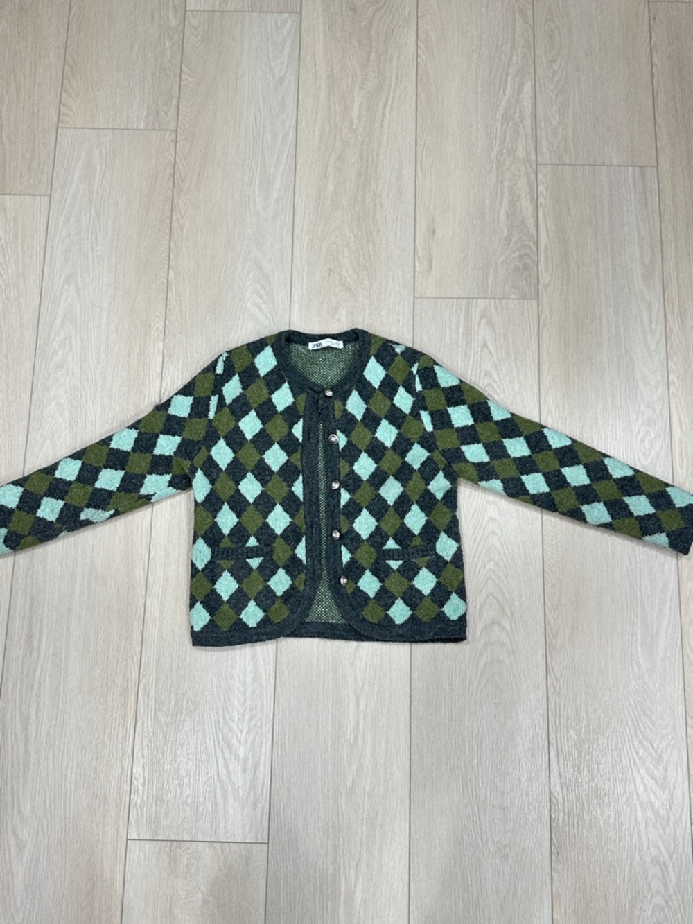 Zara Mint Green & Olive Argyle Knit Cardigan - Picture 2 of 3